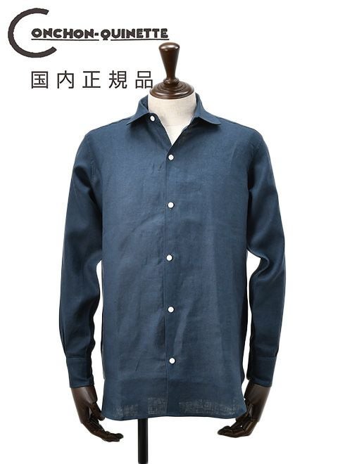 コンションキネットCONCHONQUINETTEリネンシャツメンズ麻シャツLACHEMISEFRONCEセミワイドカラーネイビー紺リネン100％フランス製国内正規品でらでら公式ブランド