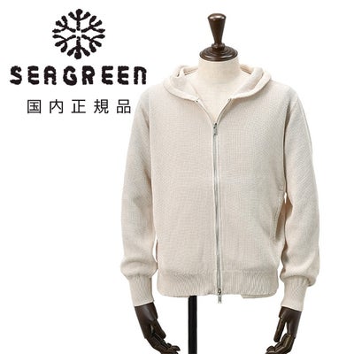 シーグリーンSeagreenジップアップパーカーメンズモスステッチニットMOSSSTITCH和紙混紡ポリエステルアイボリー鹿の子編みリブ装飾レギュラーフィット国内正規品でらでら公式ブランド