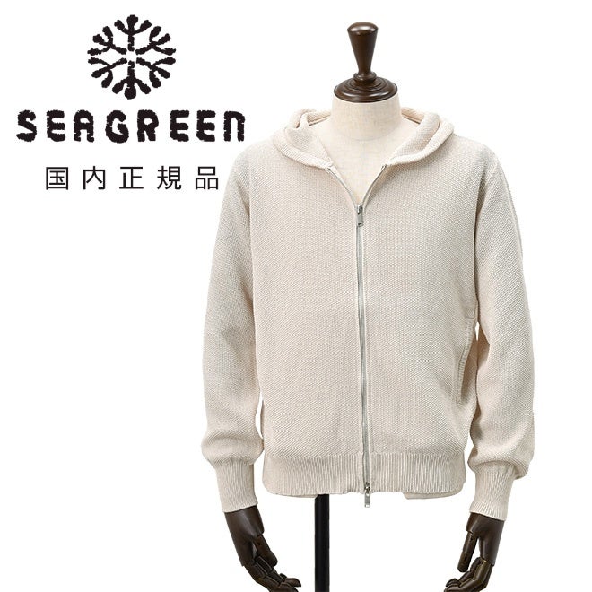 シーグリーンSeagreenジップアップパーカーメンズモスステッチニットMOSSSTITCH和紙混紡ポリエステルアイボリー鹿の子編みリブ装飾レギュラーフィット国内正規品でらでら公式ブランド