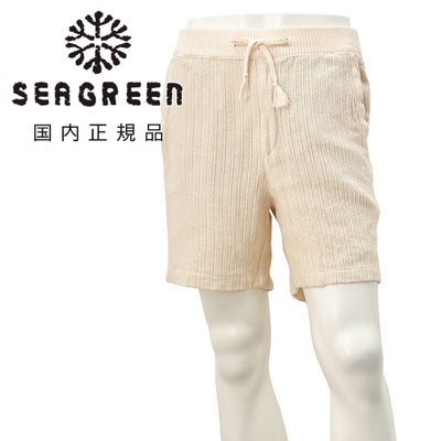 シーグリーンSeagreenハーフパンツメンズショートパンツCrochetLikeRusselKnitアイボリーラッセル素材コットンリネンゴムウエスト&ドローコード調節国内正規品でらでら公式ブランド