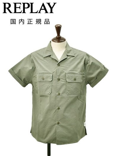 リプレイREPLAYサファリシャツメンズM4116半袖シャツオリーブグレーコットンポリオープンカラーシャツボックスシルエット国内正規品でらでら公式ブランド