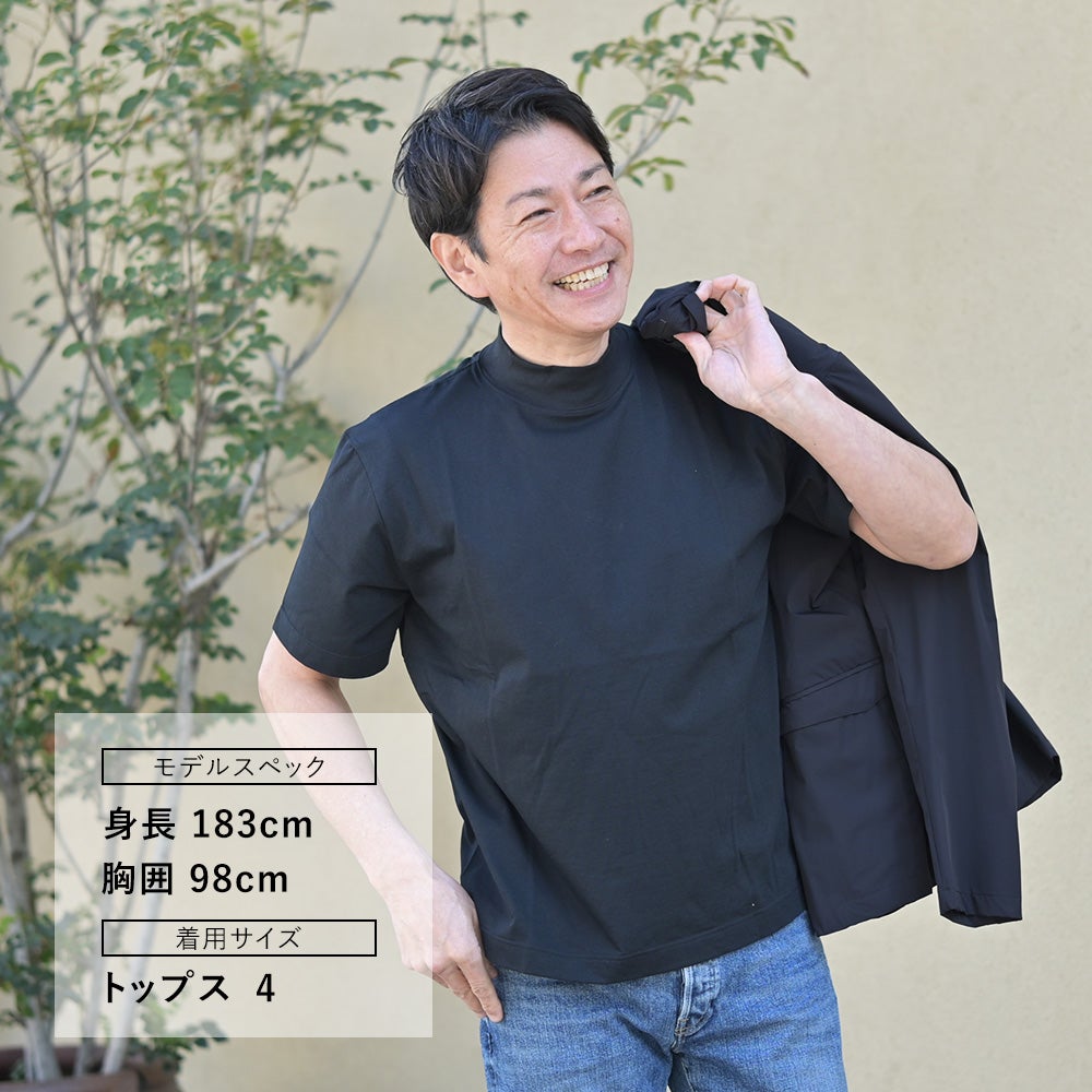 エラシオELACIOモックネック半袖Tシャツメンズショートスリーブカットソーコットンスムースジャージーブラック黒無地デザインレギュラーシルエット国内正規品でらでら公式ブランド