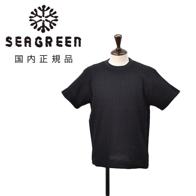 シーグリーンSeagreen半袖TシャツメンズニットソービッグワッフルBIGWAFFLEブラック黒コットンポリレギュラーフィットクルーネック仕様ワイド袖オニワッフル国内正規品でらでら公式ブランド
