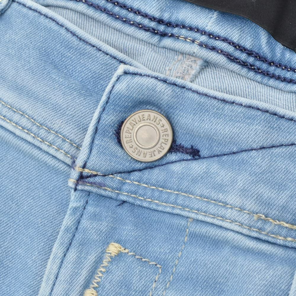 リプレイREPLAYデニムパンツメンズANBASSアンバスHYPERFLEXRE-USEDハイパーフレックスリユーズドライトブルーウォッシュスリムフィットレザーパッチ国内正規品でらでら公式ブランド