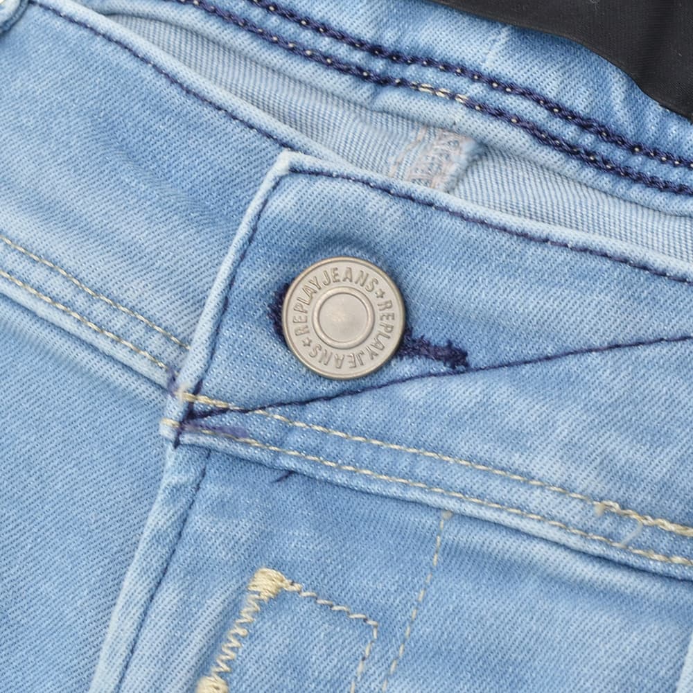 リプレイREPLAYデニムパンツメンズANBASSアンバスHYPERFLEXRE-USEDハイパーフレックスリユーズドライトブルーウォッシュスリムフィットレザーパッチ国内正規品でらでら公式ブランド