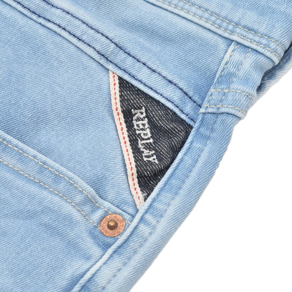 リプレイREPLAYデニムパンツメンズANBASSアンバスHYPERFLEXRE-USEDハイパーフレックスリユーズドライトブルーウォッシュスリムフィットレザーパッチ国内正規品でらでら公式ブランド