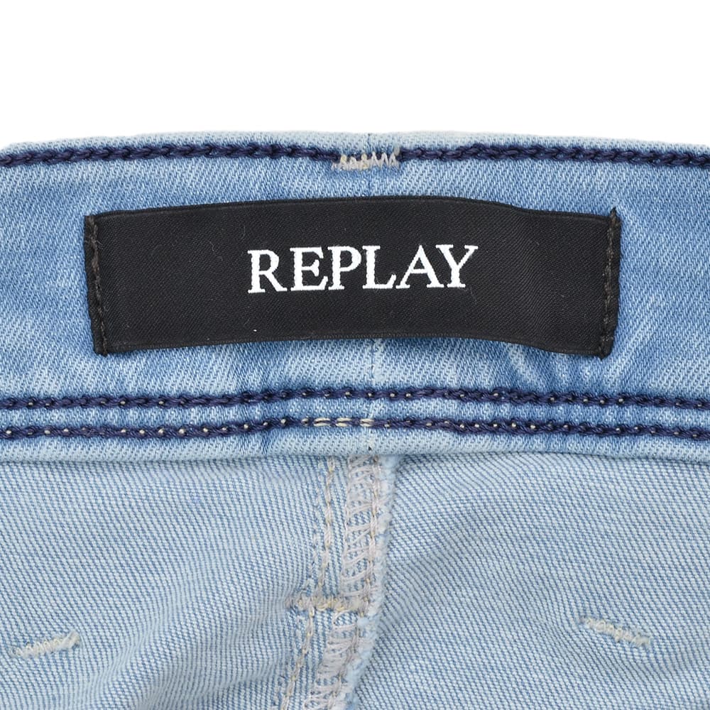 リプレイREPLAYデニムパンツメンズANBASSアンバスHYPERFLEXRE-USEDハイパーフレックスリユーズドライトブルーウォッシュスリムフィットレザーパッチ国内正規品でらでら公式ブランド