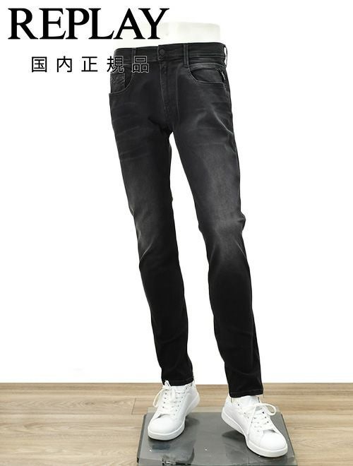 リプレイREPLAYデニムパンツメンズANBASSアンバスHYPERFLEXハイパーフレックスブラックウォッシュスリムフィットレザーパッチ国内正規品でらでら公式ブランド