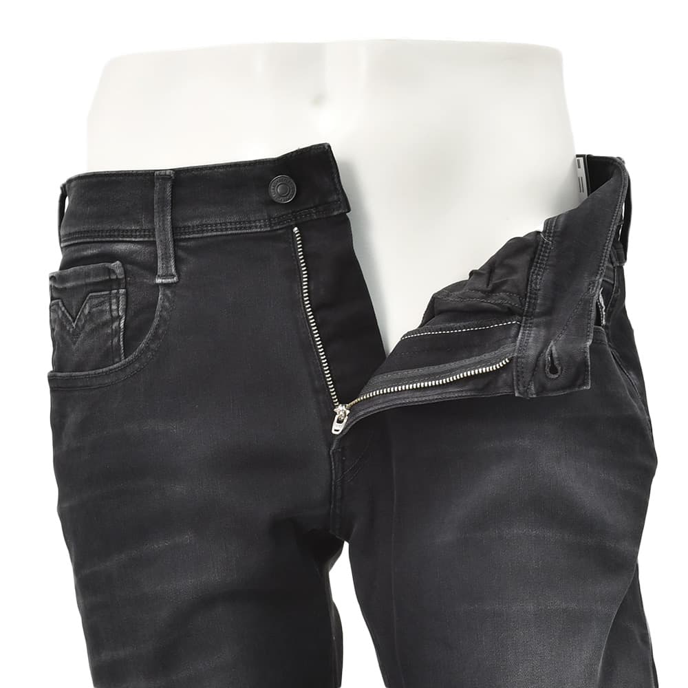 リプレイREPLAYデニムパンツメンズANBASSアンバスHYPERFLEXハイパーフレックスブラックウォッシュスリムフィットレザーパッチ国内正規品でらでら公式ブランド