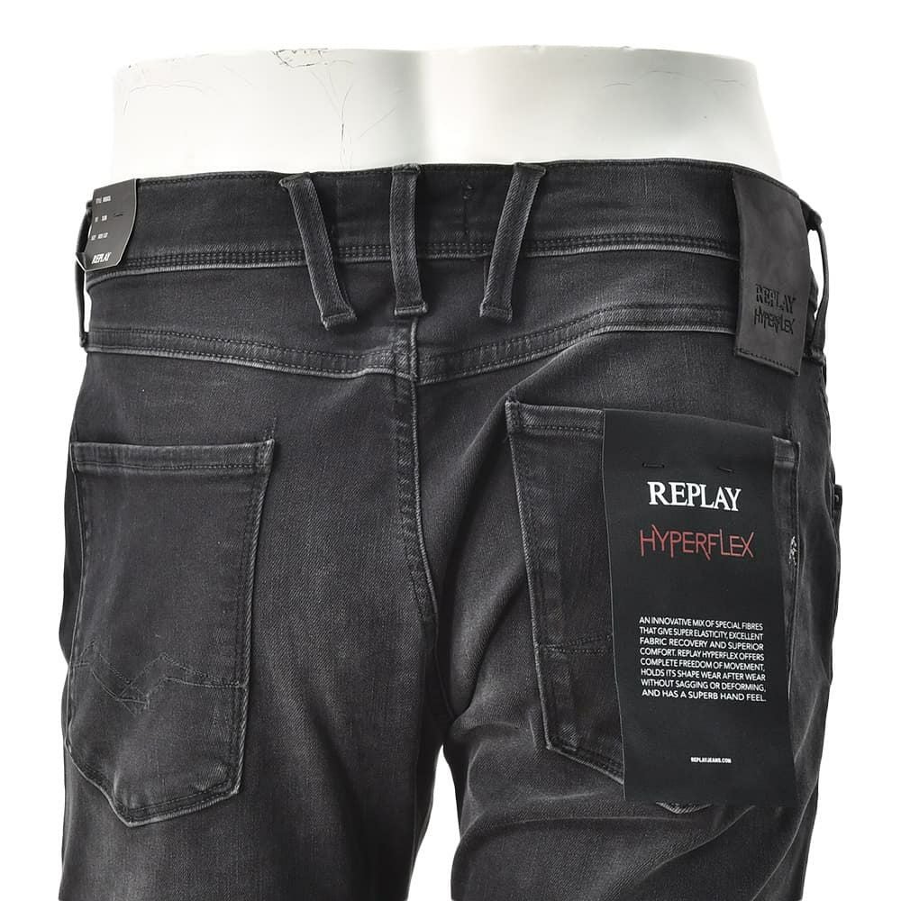 リプレイREPLAYデニムパンツメンズANBASSアンバスHYPERFLEXハイパーフレックスブラックウォッシュスリムフィットレザーパッチ国内正規品でらでら公式ブランド