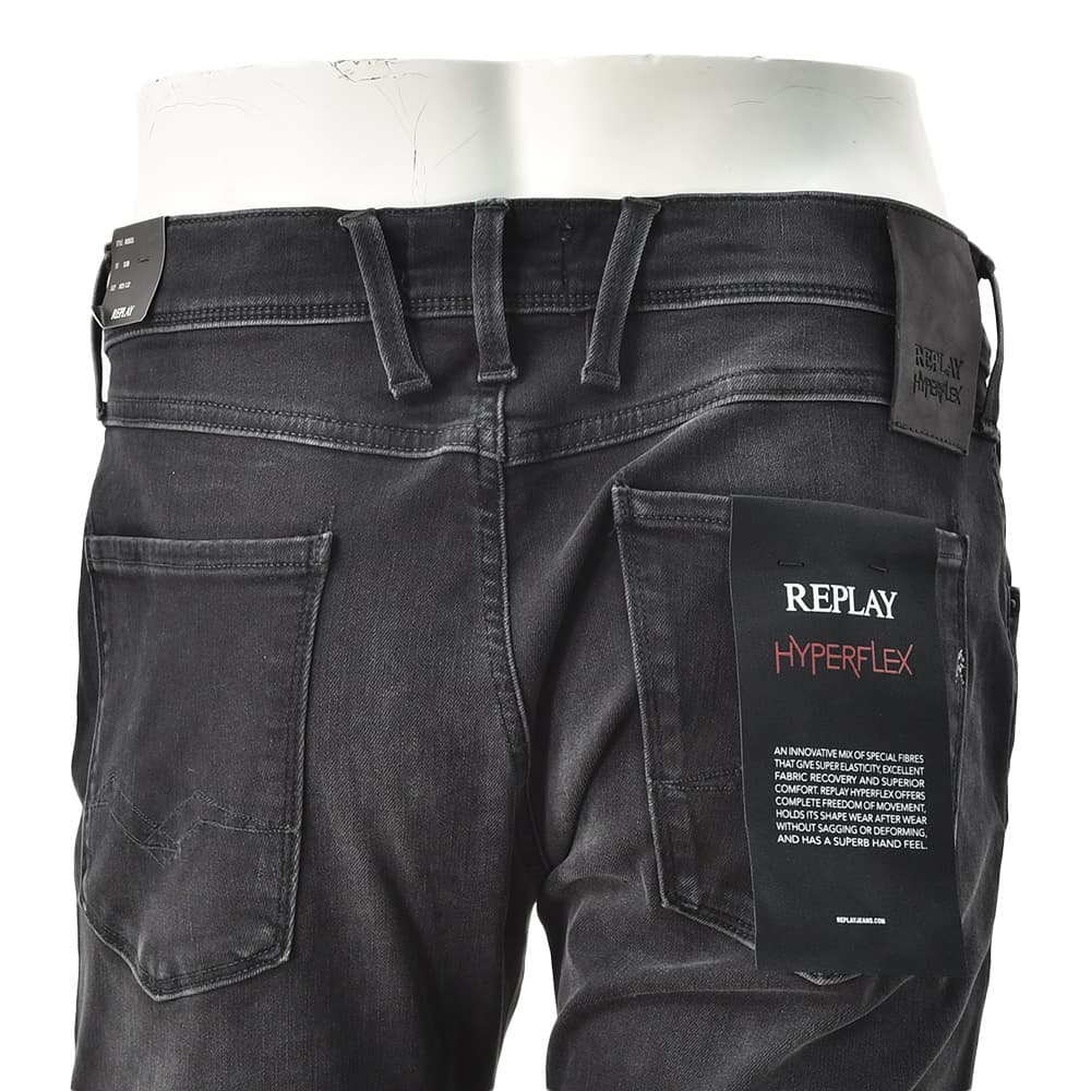 リプレイREPLAYデニムパンツメンズANBASSアンバスHYPERFLEXハイパーフレックスブラックウォッシュスリムフィットレザーパッチ国内正規品でらでら公式ブランド