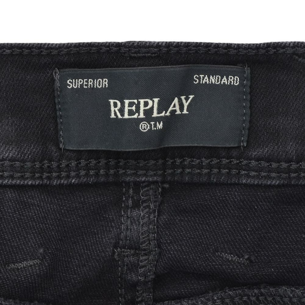 リプレイREPLAYデニムパンツメンズANBASSアンバスHYPERFLEXハイパーフレックスブラックウォッシュスリムフィットレザーパッチ国内正規品でらでら公式ブランド