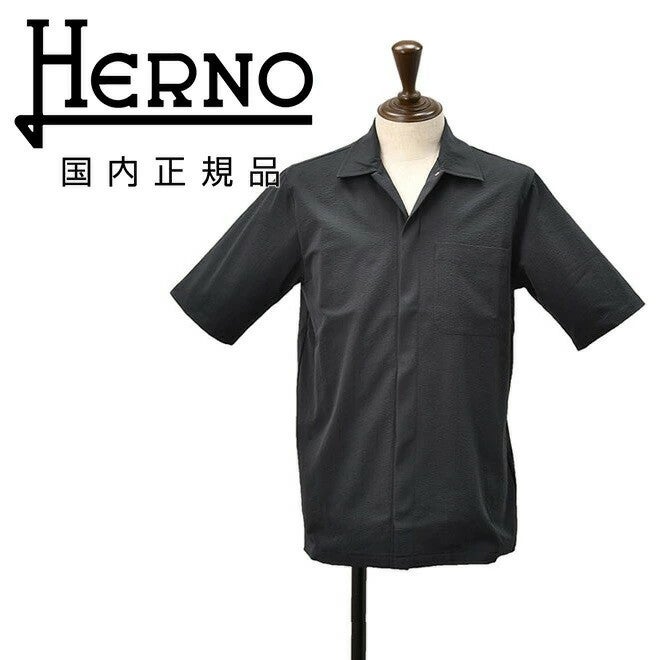 【preSALE!20%off】ヘルノHERNO開襟シャツメンズシアサッカーストレッチCM000012Uネイビー紺半袖シャツスマートシルエット胸ポケットブランドロゴプレート国内正規品でらでら公式ブランド