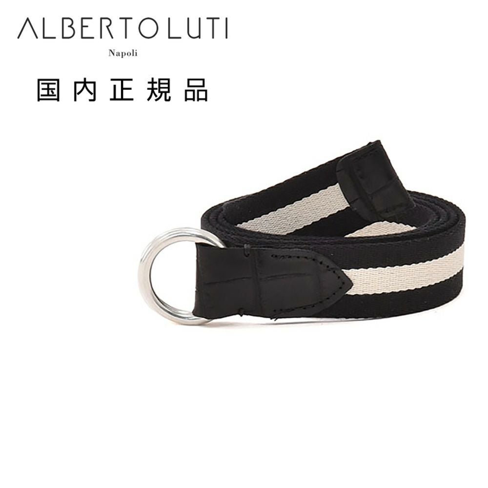 アルベルトルティALBERTOLUTIリングベルトメンズリボンベルトコットン×型押しレザーブラック×ホワイト黒×白30mm幅ブランド刻印シルバー真鍮バックル国内正規品でらでら公式ブランド