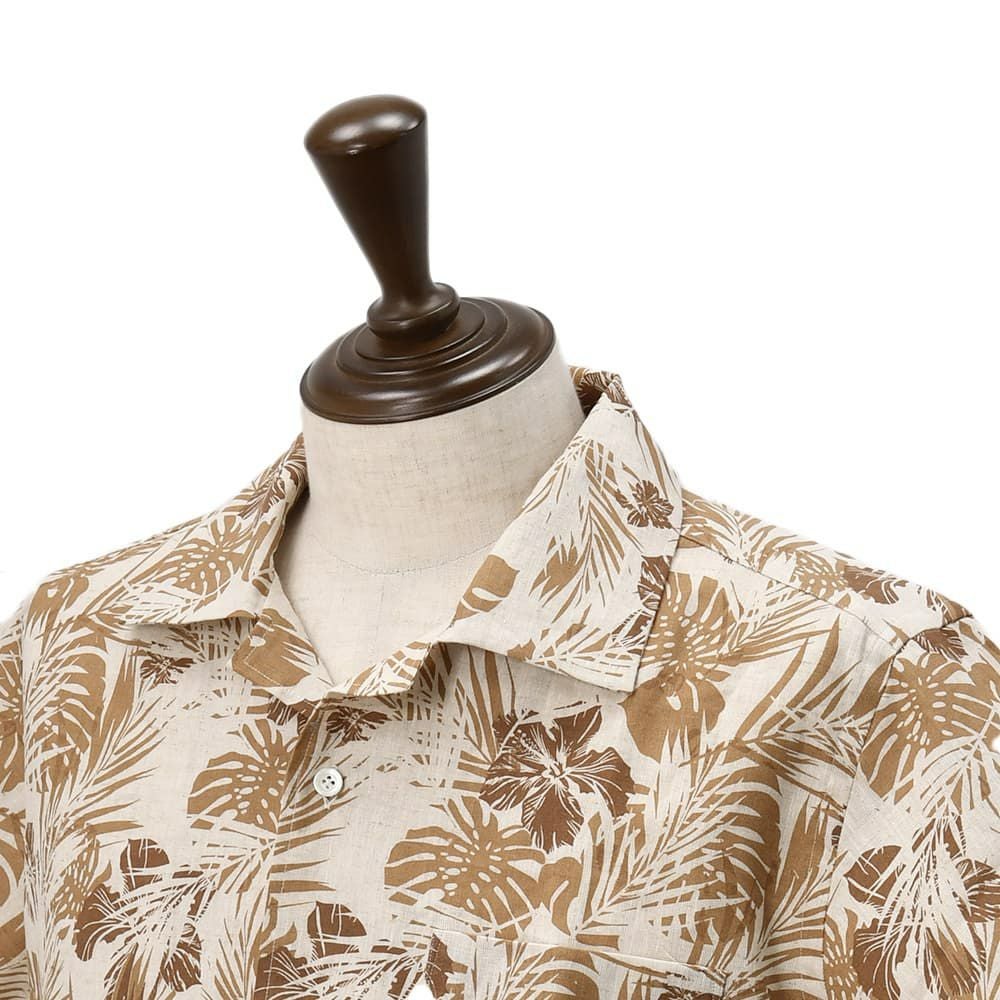 ジャンネットGIANNETTO半袖開襟シャツメンズMARACAIBOマラカイボオープンカラーベージュ×ブラウンリネンコットン生地ボタニカル柄アロハシャツイタリア製国内正規品でらでら公式ブランド