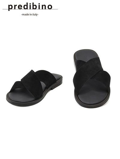 プレディビーノPREDIBINOスリッパ型サンダルメンズスエードレザークロスデザイン1730モデルブラック黒レザーソールフットベッド仕様イタリア製でらでら公式ブランド