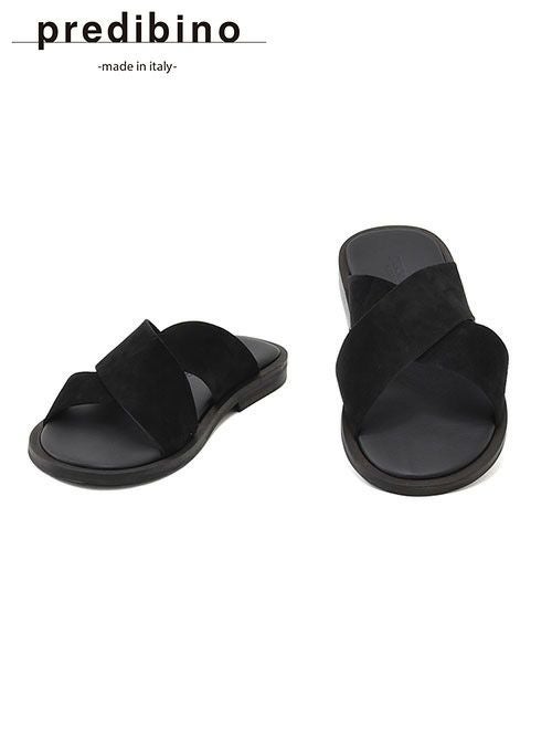プレディビーノPREDIBINOスリッパ型サンダルメンズスエードレザークロスデザイン1730モデルブラック黒レザーソールフットベッド仕様イタリア製でらでら公式ブランド