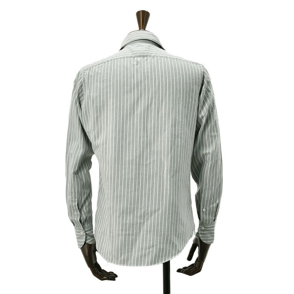 フィナモレFinamore長袖カジュアルシャツメンズSIMONEシモーネコットン生地オリーブグレーストライプブランドロゴ入り貝釦製品洗いカッタウェイ襟国内正規品でらでら公式ブランド