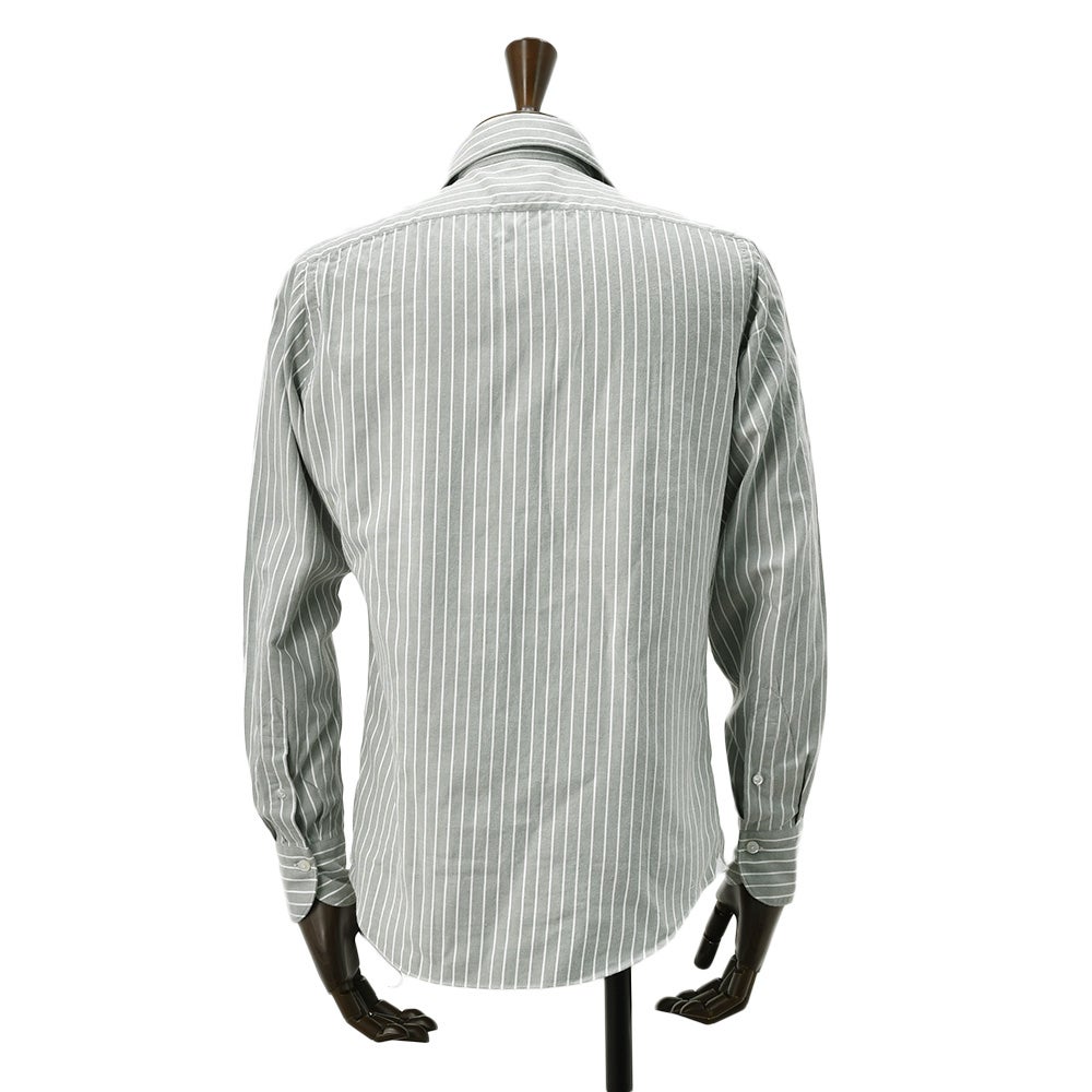 フィナモレFinamore長袖カジュアルシャツメンズSIMONEシモーネコットン生地オリーブグレーストライプブランドロゴ入り貝釦製品洗いカッタウェイ襟国内正規品でらでら公式ブランド