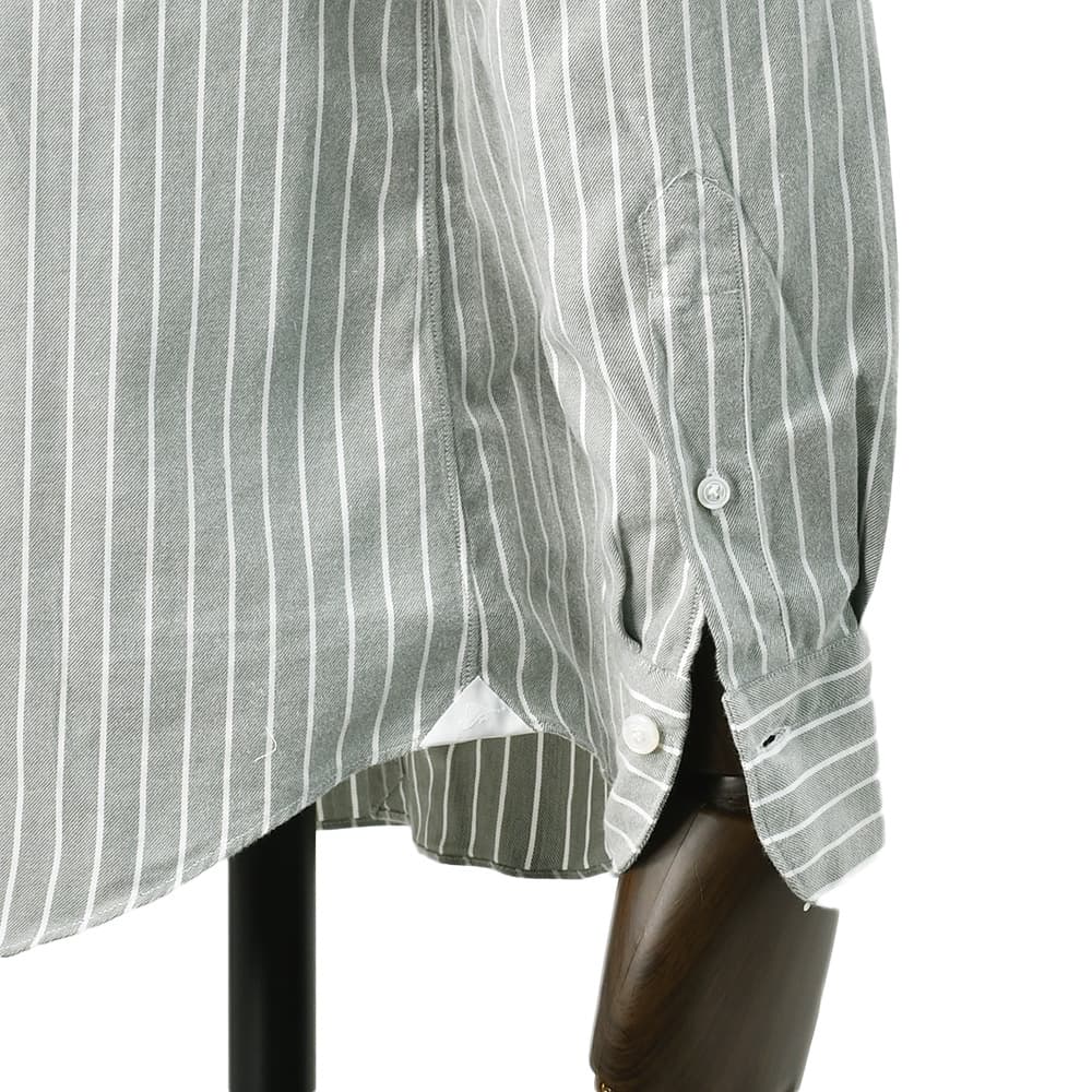 フィナモレFinamore長袖カジュアルシャツメンズSIMONEシモーネコットン生地オリーブグレーストライプブランドロゴ入り貝釦製品洗いカッタウェイ襟国内正規品でらでら公式ブランド