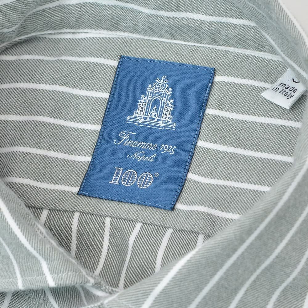 フィナモレFinamore長袖カジュアルシャツメンズSIMONEシモーネコットン生地オリーブグレーストライプブランドロゴ入り貝釦製品洗いカッタウェイ襟国内正規品でらでら公式ブランド