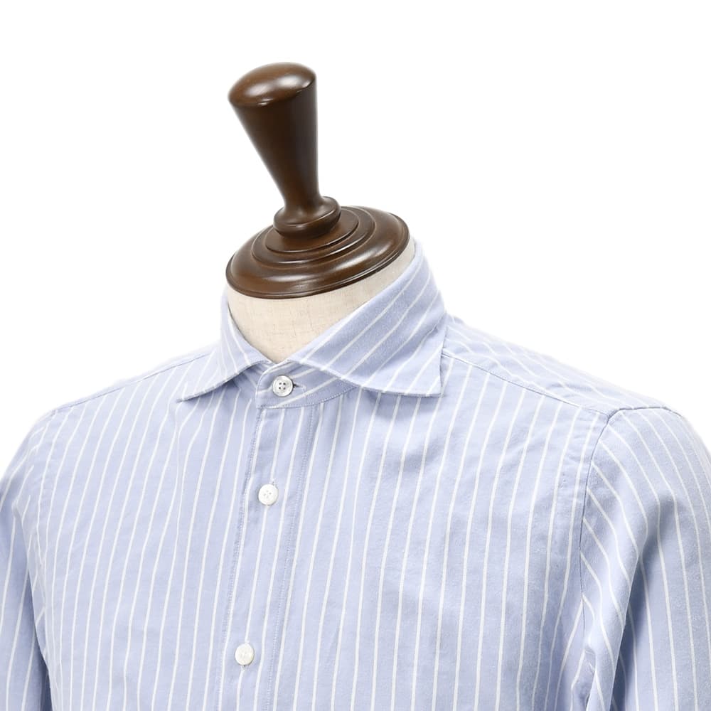 フィナモレFinamore長袖カジュアルシャツメンズSIMONEシモーネコットン生地サックスブルーストライプブランドロゴ入り貝釦製品洗いカッタウェイ襟国内正規品でらでら公式ブランド