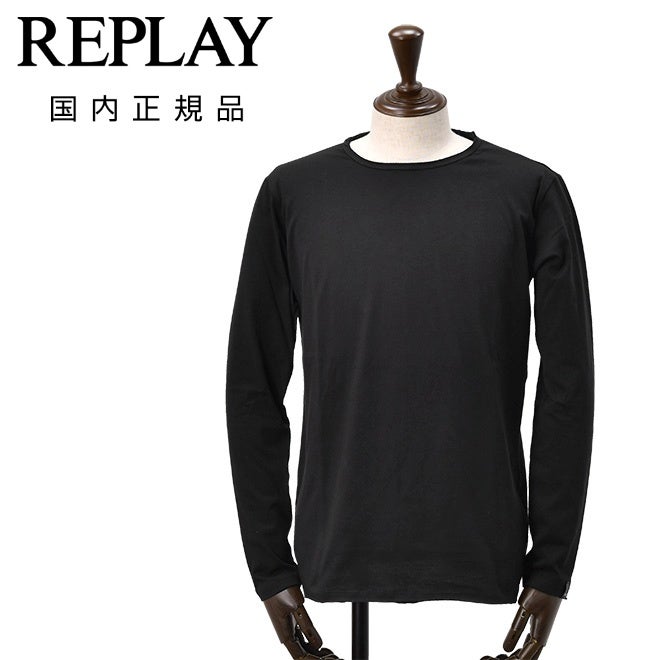 リプレイREPLAY長袖Tシャツメンズクルーネックカットソーダメージ風デザインコットン綿100%ブラック黒左袖ブランド織りタグ薄手仕様レギュラーシルエット国内正規品でらでら公式ブランド