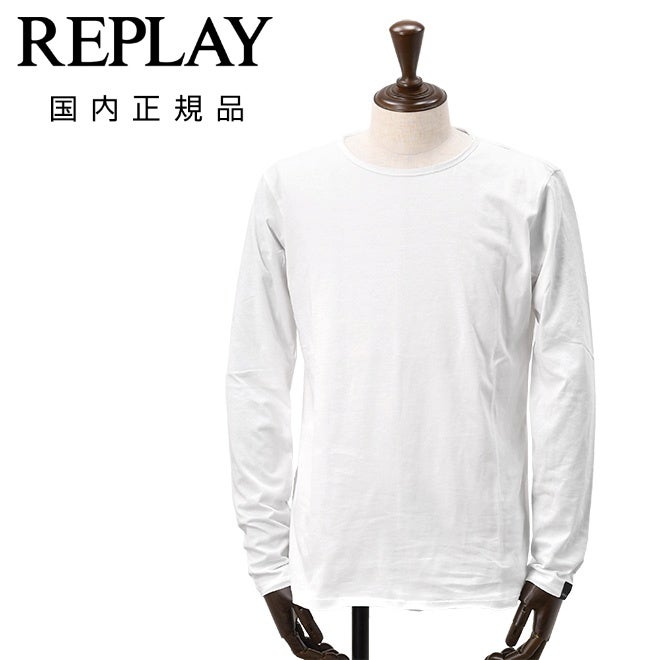 リプレイREPLAY長袖Tシャツメンズクルーネックカットソーダメージ風デザインコットン綿100%ホワイト白左袖ブランド織りタグ薄手仕様レギュラーシルエット国内正規品でらでら公式ブランド