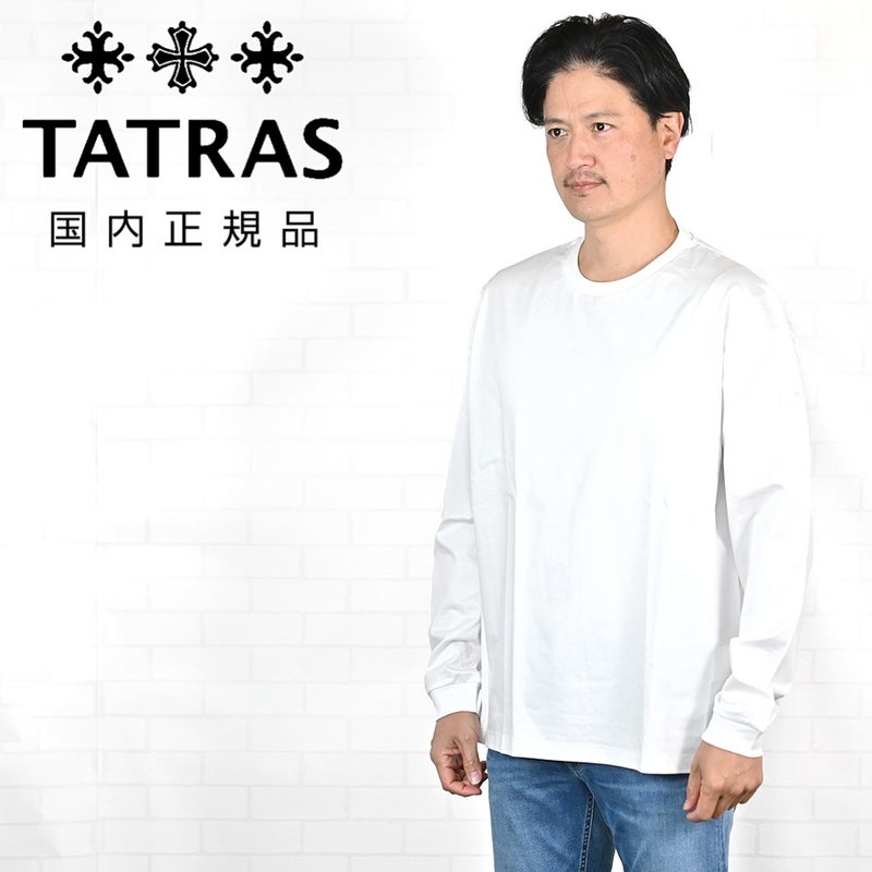 タトラスTATRAS長袖TシャツメンズクルーネックカットソーオスモOSMOホワイト白コットンジャージー左袖同色ロゴワッペンリラックスシルエット裾スリット国内正規品でらでら公式ブランド