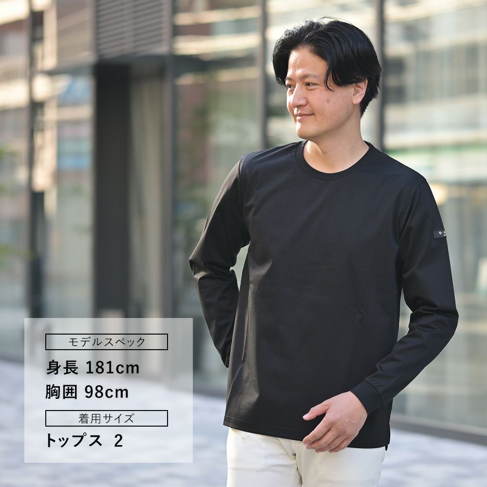 タトラスTATRAS長袖TシャツメンズクルーネックカットソーオスモOSMOブラック黒コットンジャージー左袖同色ロゴワッペンリラックスシルエット裾スリット国内正規品でらでら公式ブランド