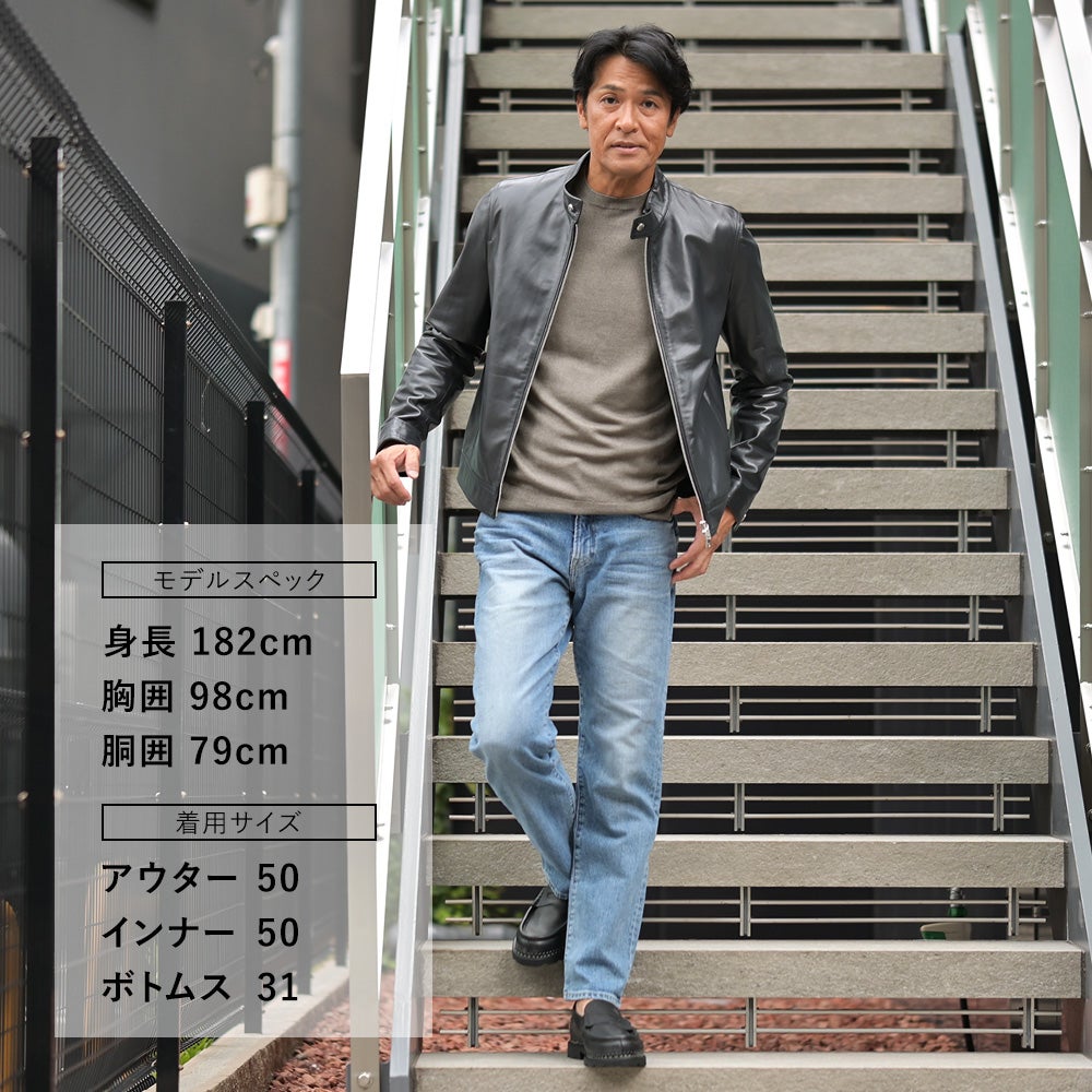 エンメティEMMETIシングルライダースジャケットメンズレザーブルゾンJURIユリスペシャルラムナッパレザーミッドナイト濃紺ショート丈数量限定国内正規品でらでら公式ブランド