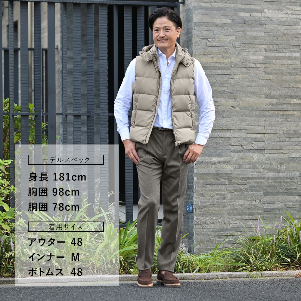 【ポイント8倍11/119:59まで】ムーレーMooRERダウンベストメンズフェイヤーFIRE-KM強撥水ポリエステルSHAPEMEMORYPESグレージュ襟裏ウールニットフード着脱可能アクアライン国内正規品でらでら公式ブランド