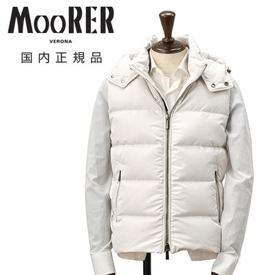 【ポイント8倍11/119:59まで】ムーレーMooRERダウンベストメンズフェイヤーFIRE-KM強撥水ポリエステルSHAPEMEMORYPESオフホワイト白襟裏ウールニットフード着脱可能アクアライン国内正規品でらでら公式ブランド