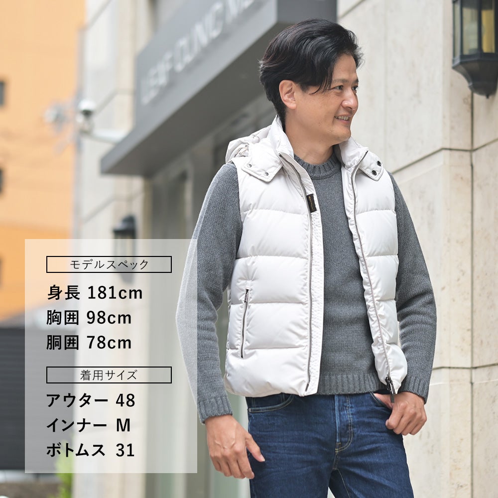 【ポイント8倍11/119:59まで】ムーレーMooRERダウンベストメンズフェイヤーFIRE-KM強撥水ポリエステルSHAPEMEMORYPESオフホワイト白襟裏ウールニットフード着脱可能アクアライン国内正規品でらでら公式ブランド