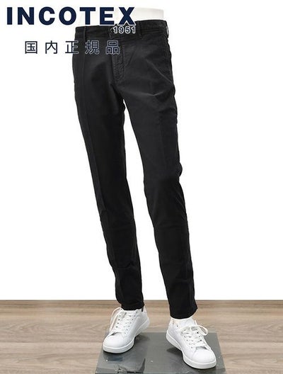 インコテックスINCOTEXSLACKSコットンパンツメンズチノスラックス100番ストレッチツイルブラック黒ノープリーツ製品染めスリムフィット刺繍ブランドロゴ国内正規品でらでら公式ブランド