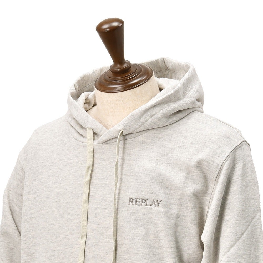 リプレイREPLAYプルオーバーパーカーメンズフーディースウェットシャツコットンテリー素材ライトグレーブランドロゴ刺繍裏パイルドローコード付き国内正規品でらでら公式ブランド