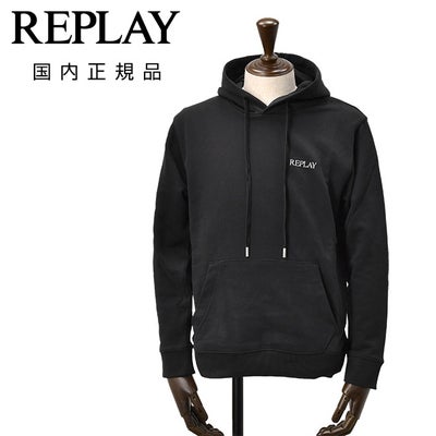 リプレイREPLAYプルオーバーパーカーメンズフーディースウェットシャツコットンテリー素材ブラック黒ブランドロゴ刺繍裏パイルドローコード付き国内正規品でらでら公式ブランド