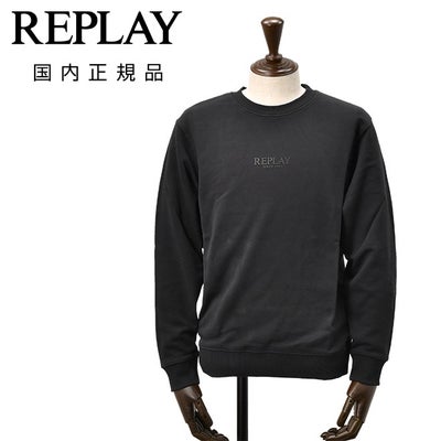 リプレイREPLAY長袖トレーナーメンズスウェットシャツフレンチテリーブラック黒クルーネックレタリングロゴ裏パイル背面ロゴラベル国内正規品でらでら公式ブランド