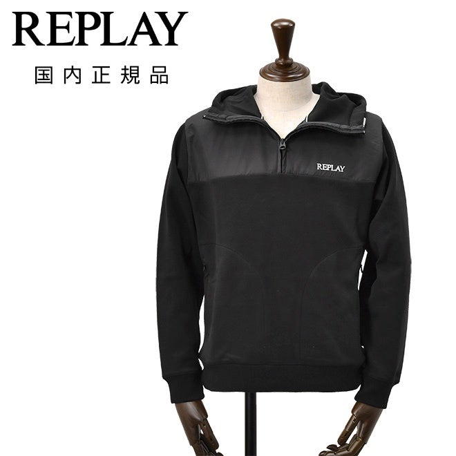 リプレイREPLAYハーフジップパーカーメンズプルオーバー3者混生地ブラック黒スタンドネック仕様ブランドロゴ刺繍異素材切り替えデザインサイドポケット国内正規品でらでら公式ブランド
