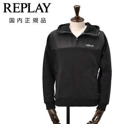 リプレイREPLAYハーフジップパーカーメンズプルオーバー3者混生地ブラック黒スタンドネック仕様ブランドロゴ刺繍異素材切り替えデザインサイドポケット国内正規品でらでら公式ブランド