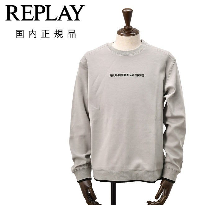 リプレイREPLAY長袖トレーナーメンズスウェットシャツコットンポリ3者混生地グレークルーネック仕様レタリングロゴ刺繍ストレッチリブ配色デザイン国内正規品でらでら公式ブランド