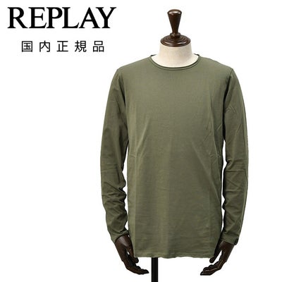 リプレイREPLAY長袖Tシャツメンズクルーネックカットソーダメージ風デザインコットン綿100%オリーブ左袖ブランド織りタグ薄手仕様レギュラーシルエット国内正規品でらでら公式ブランド