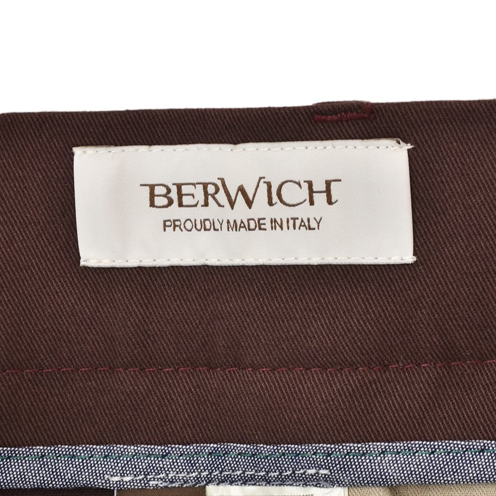 ベルウィッチBERWICHチノスラックスメンズベルトBERTOストレッチコットンパンツレッドブラウン1プリーツシャーリング仕様サイドアジャスター釦国内正規品でらでら公式ブランド