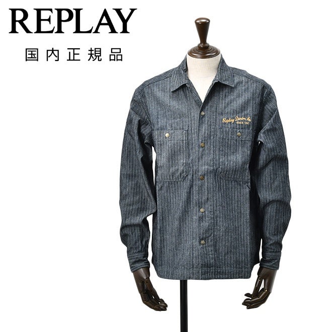 リプレイREPLAYシャツブルゾンメンズコットンポリインディゴヘリンボーンレギュラーカラーリラックスフィット国内正規品でらでら公式ブランド