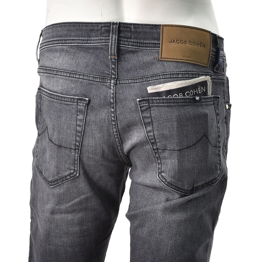 ヤコブコーエンJACOBCOHENストレッチデニムメンズNICKSLIMニックスリムコットンポリブラックウォッシュレザーバックパッチ国内正規品でらでら公式ブランド