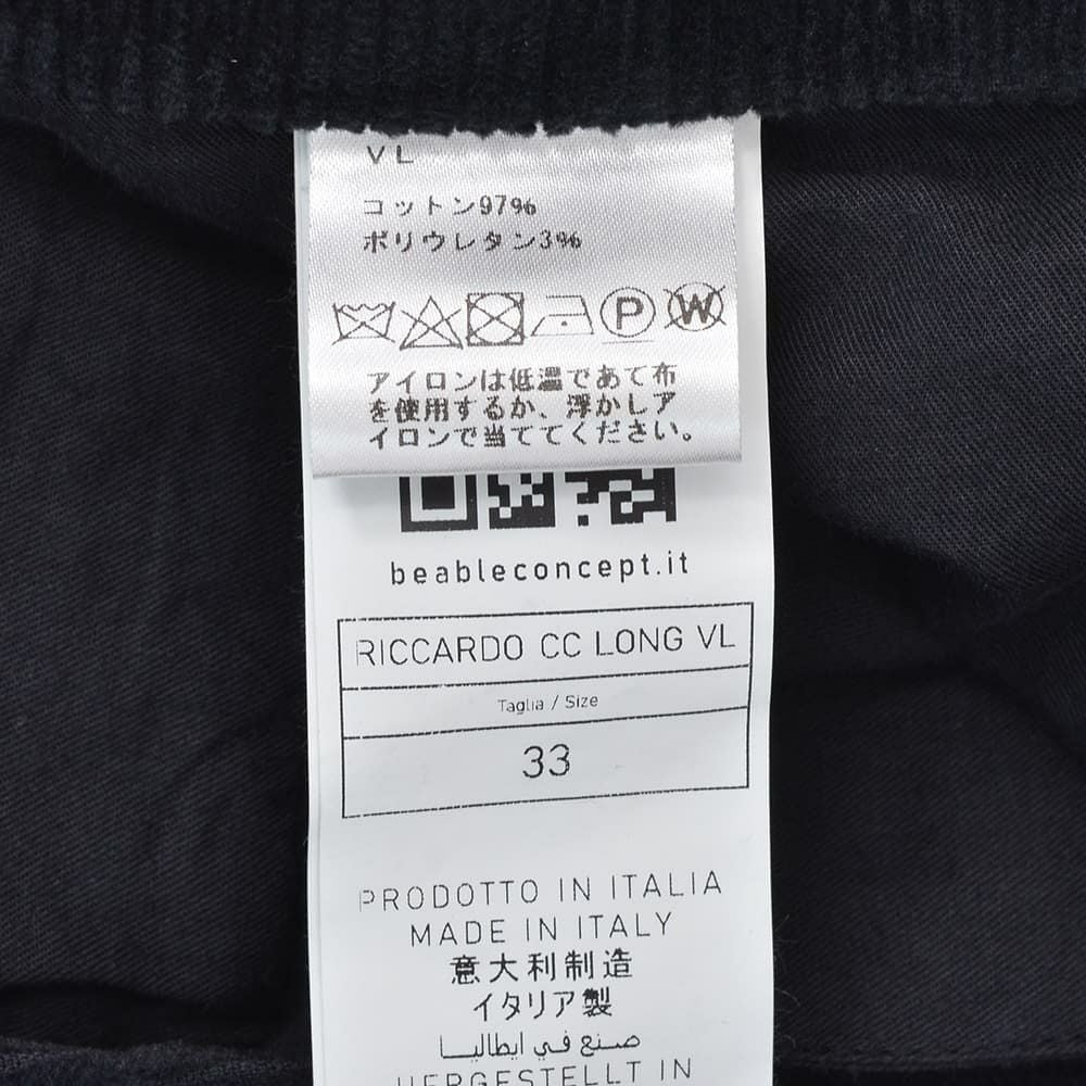 ビーエイブルBEABLEコーデュロイパンツメンズRICCARDOリッカルドストレッチコーデュロイブラック黒1プリーツジップフライ国内正規品でらでら公式ブランド