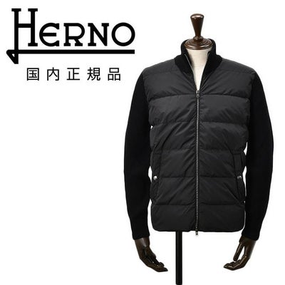【ポイント8倍11/119:59まで】ヘルノHERNOハイブリッドダウンメンズダウンジャケットフィッシャーマンリブブラック黒切り替えデザイン後身頃ニットスタンドネックシルバーパーツ国内正規品でらでら公式ブランド