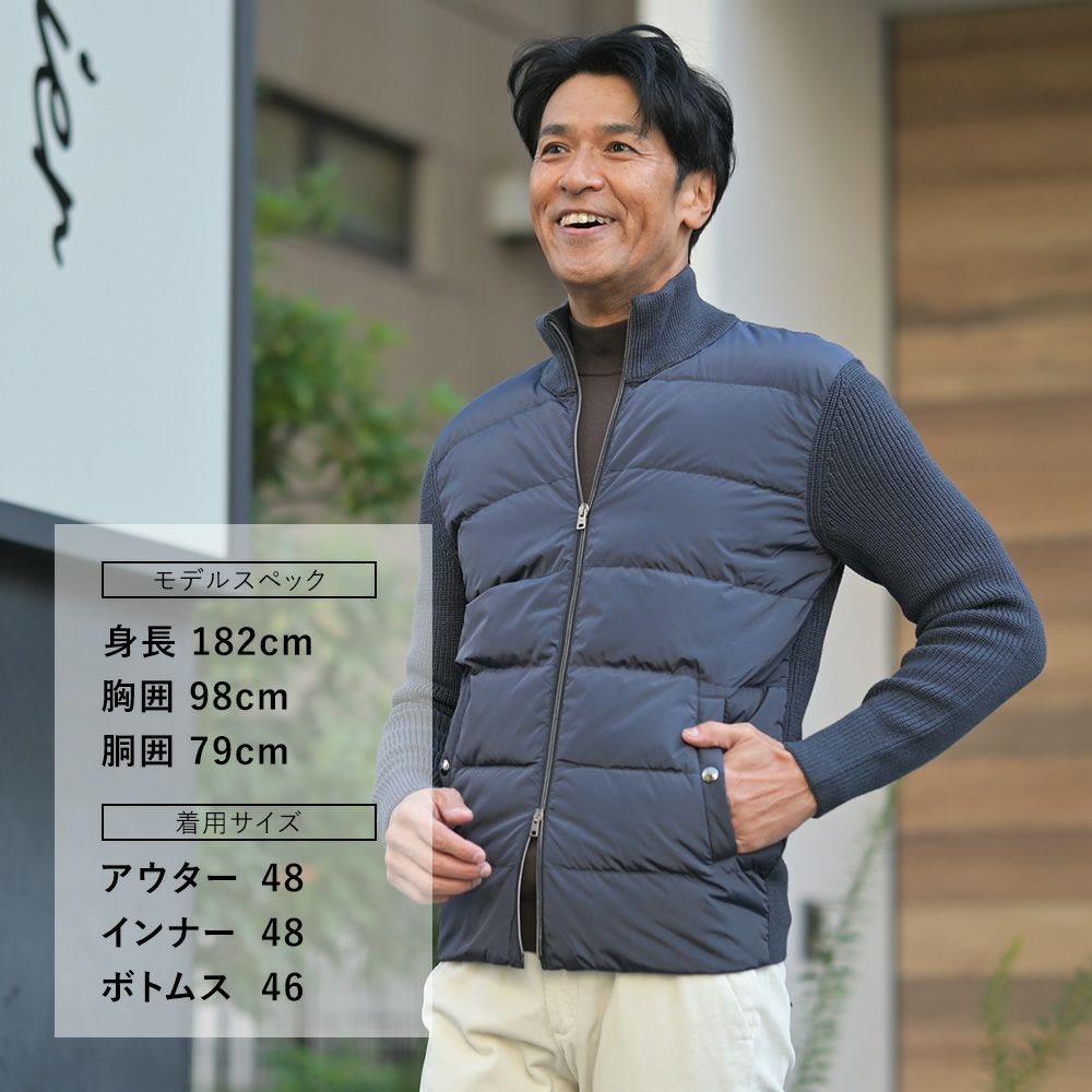 【ポイント8倍11/119:59まで】ヘルノHERNOハイブリッドダウンメンズダウンジャケットフィッシャーマンリブネイビー紺切り替えデザイン後身頃ニットスタンドネックシルバーパーツ国内正規品でらでら公式ブランド