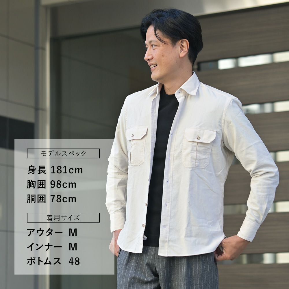 ジャンネットGIANNETTOサファリシャツメンズ長袖シャツALPHAアルファモデル細畝コーデュロイ生地アイボリー白リラックスシルエットセミワイドカラーイタリア製国内正規品でらでら公式ブランド