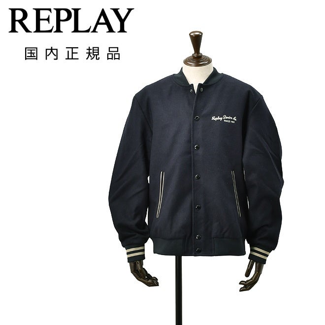 【ファイナルクリアランス20】リプレイREPLAYスタジャンメンズボンバージャケットブレンドウールメルトン生地ネイビー紺レギュラーフィットブランドロゴ刺繍リブニット裾裏地付き国内正規品でらでら公式ブランド